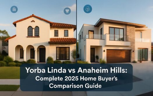 Split comparison image showing Mediterranean-style home in Yorba Linda versus modern contemporary home in Anaheim Hills with title overlay "Yorba Linda vs Anaheim Hills: Complete 2025 Home Buyer's Comparison Guide"