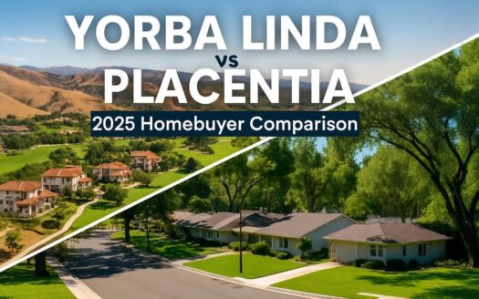 Split graphic reading “Yorba Linda vs Placentia — 2025 Homebuyer Comparison,” over photos of Yorba Linda’s rolling hills and Placentia’s tree-lined suburban street.