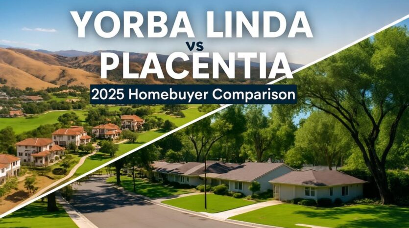 Split graphic reading “Yorba Linda vs Placentia — 2025 Homebuyer Comparison,” over photos of Yorba Linda’s rolling hills and Placentia’s tree-lined suburban street.