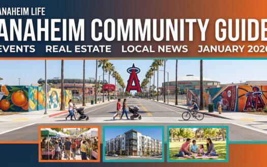 Anaheim Community Guide January 2026 featuring Angel Stadium, Honda Center, local murals, farmers market, apartments, and families enjoying Anaheim parks