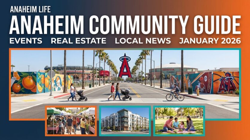 Anaheim Community Guide January 2026 featuring Angel Stadium, Honda Center, local murals, farmers market, apartments, and families enjoying Anaheim parks