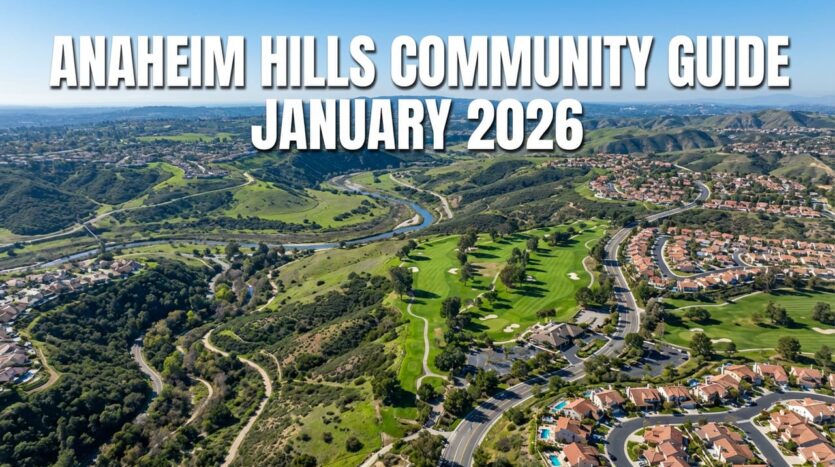 Aerial view of Anaheim Hills California showing hillside homes, golf course, and green canyons with text overlay Anaheim Hills Community Guide January 2026