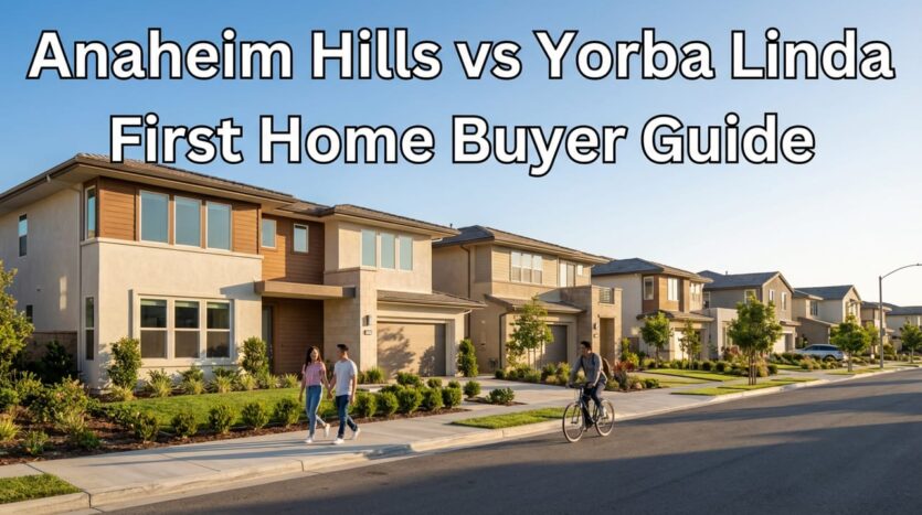 Modern suburban homes in Anaheim Hills and Yorba Linda neighborhoods with young couple walking and person on bike - first time homebuyer comparison guide for North Orange County California