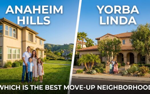 Split-screen graphic comparing Anaheim Hills and Yorba Linda homes with families; text reads “Which is the best move-up neighborhood.”