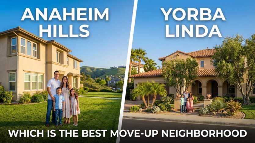 Split-screen graphic comparing Anaheim Hills and Yorba Linda homes with families; text reads “Which is the best move-up neighborhood.”