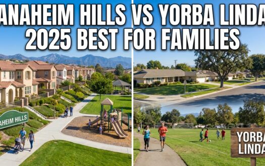 Anaheim Hills vs Yorba Linda 2025 comparison showing family neighborhoods with playground and park scenes in North Orange County