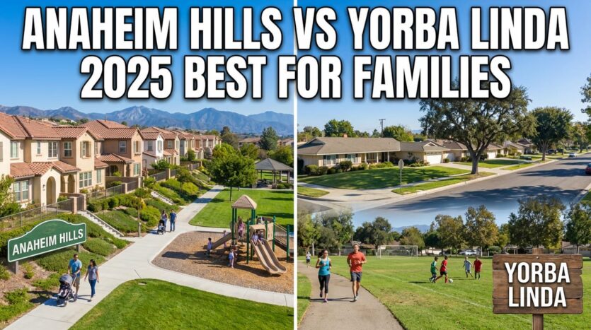 Anaheim Hills vs Yorba Linda 2025 comparison showing family neighborhoods with playground and park scenes in North Orange County