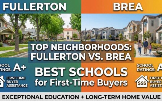 Split-screen graphic comparing Fullerton and Brea neighborhoods in Orange County, CA, highlighting best schools for first-time buyers with A+ school ratings and buyer assistance.