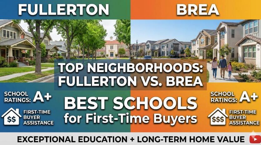 Split-screen graphic comparing Fullerton and Brea neighborhoods in Orange County, CA, highlighting best schools for first-time buyers with A+ school ratings and buyer assistance.