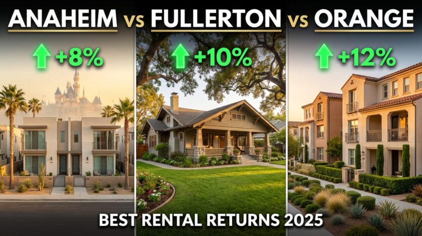 Comparison of Anaheim, Fullerton, and Orange rental property investment returns in 2025 showing homes from each city with appreciation percentages of 8%, 10%, and 12% respectively