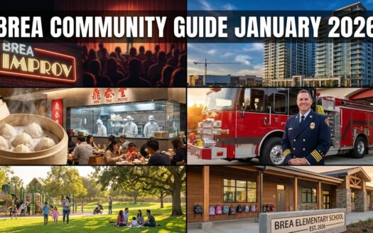 Brea Community Guide January 2026 featuring Brea Improv comedy club, Din Tai Fung restaurant, new development, Fire Chief Dan Mielke, family parks, and Brea elementary school