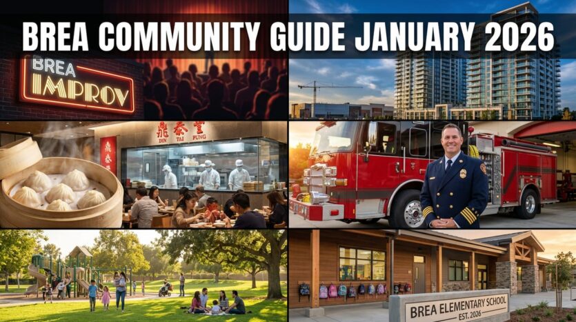 Brea Community Guide January 2026 featuring Brea Improv comedy club, Din Tai Fung restaurant, new development, Fire Chief Dan Mielke, family parks, and Brea elementary school