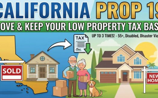 Illustration promoting California Prop 19: “Move & keep your low property tax base,” showing a couple moving from a sold home to a new home.