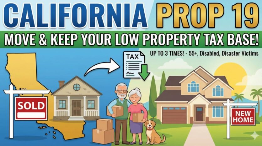 Illustration promoting California Prop 19: “Move & keep your low property tax base,” showing a couple moving from a sold home to a new home.