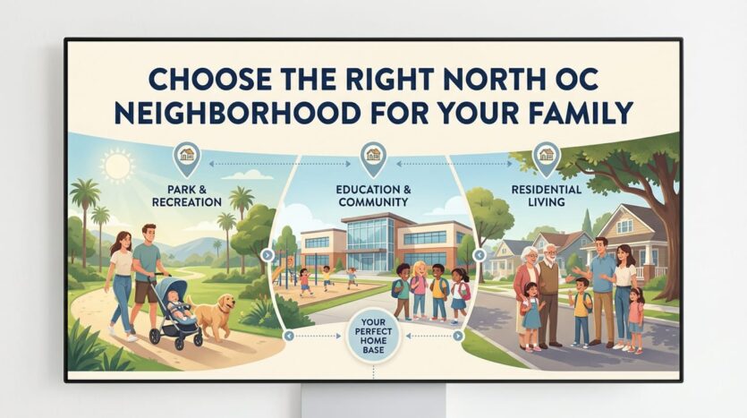 Infographic titled “Choose the Right North OC Neighborhood for Your Family,” showing park & recreation, education & community, and residential living with diverse families, a school, and tree-lined homes.