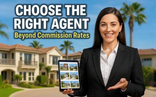 Smiling real estate agent in a black suit holding a tablet with home listings, standing in front of upscale houses with the text “Choose the Right Agent – Beyond Commission Rates.”