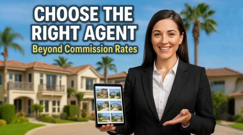 Smiling real estate agent in a black suit holding a tablet with home listings, standing in front of upscale houses with the text “Choose the Right Agent – Beyond Commission Rates.”