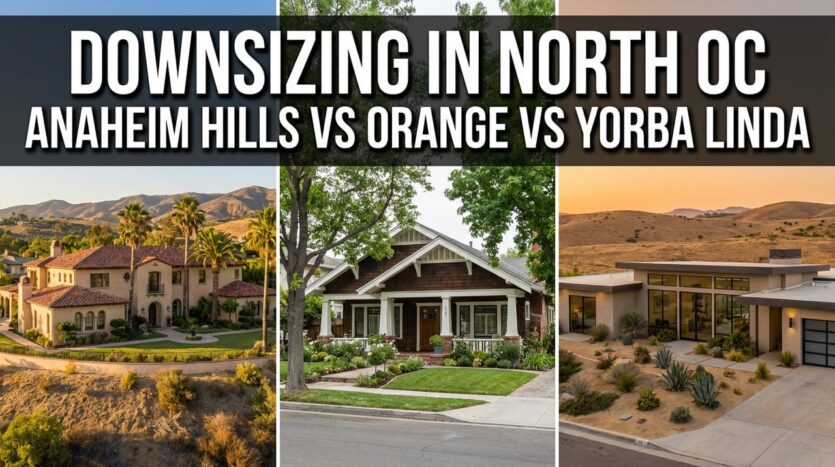 Downsizing homes comparison in North Orange County showing Mediterranean estate in Anaheim Hills, Craftsman bungalow in Orange, and modern ranch home in Yorba Linda California