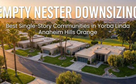 Real estate marketing image showcasing modern single-story homes in suburban California (Yorba Linda, Anaheim Hills, Orange area) with mature landscaping and contemporary architecture. Warm daytime lighting, multiple properties visible. Text overlay reads: 'Empty Nester Downsizing: Best Single-Story Communities in Yorba Linda, Anaheim Hills & Orange' in clean, professional typography overlaid on the image.