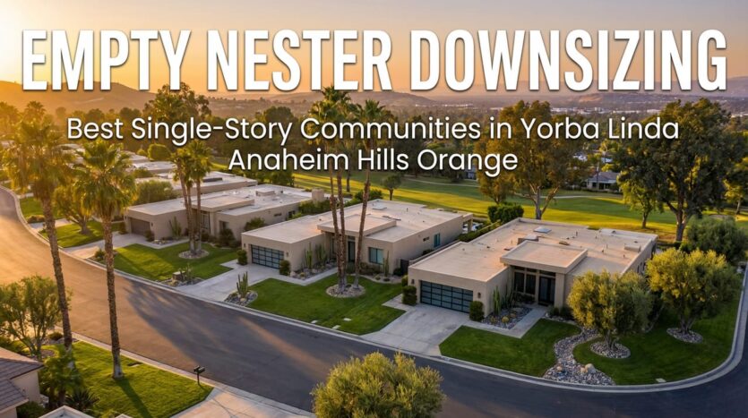 Real estate marketing image showcasing modern single-story homes in suburban California (Yorba Linda, Anaheim Hills, Orange area) with mature landscaping and contemporary architecture. Warm daytime lighting, multiple properties visible. Text overlay reads: 'Empty Nester Downsizing: Best Single-Story Communities in Yorba Linda, Anaheim Hills & Orange' in clean, professional typography overlaid on the image.