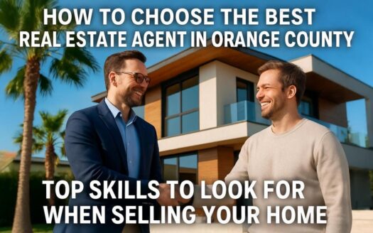 Real estate agent shaking hands with home seller in front of modern Orange County home