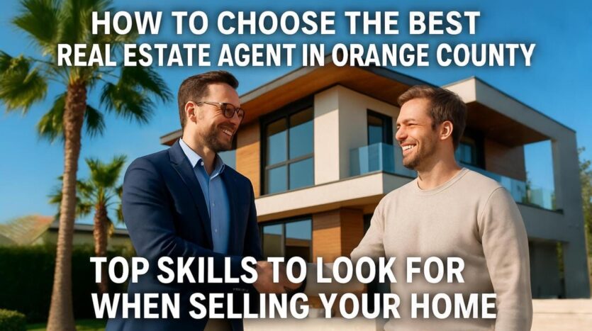 Real estate agent shaking hands with home seller in front of modern Orange County home