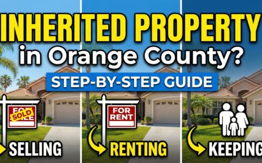 Inherited property in Orange County step-by-step guide graphic showing selling, renting, and keeping options