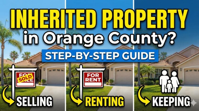 Inherited property in Orange County step-by-step guide graphic showing selling, renting, and keeping options