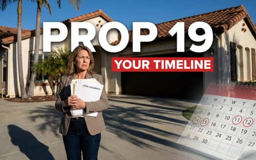 Prop 19 timeline graphic with woman holding legal documents in front of a California home with calendar overlay