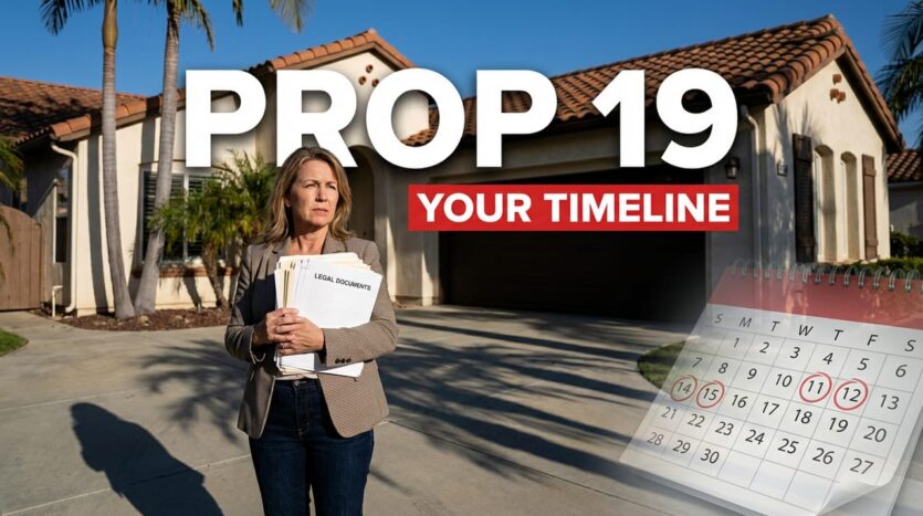 Prop 19 timeline graphic with woman holding legal documents in front of a California home with calendar overlay