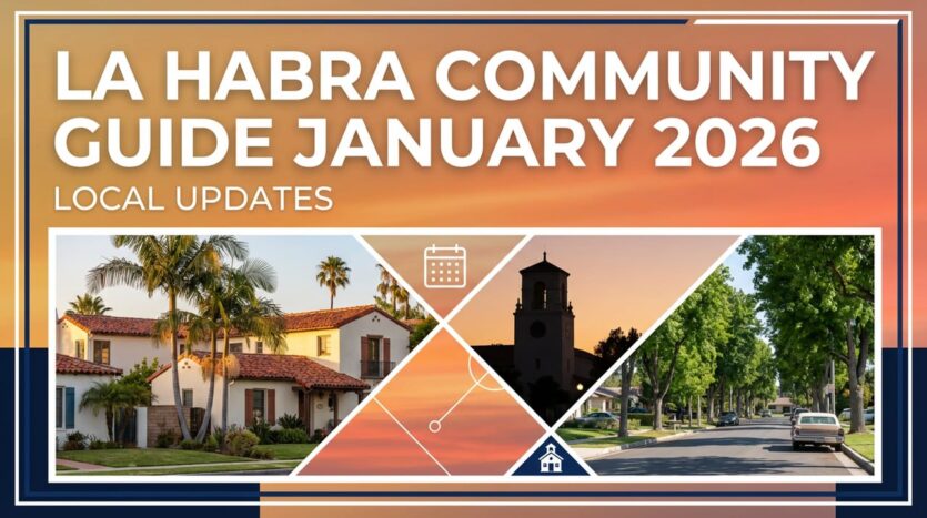 La Habra Community Guide January 2026 featuring Spanish-style homes with palm trees, historic La Habra Depot Theatre bell tower, and tree-lined residential street in North Orange County