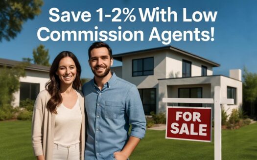 Smiling couple standing in front of a modern house with a “FOR SALE” sign and text that reads “Save 1–2% With Low Commission Agents.”