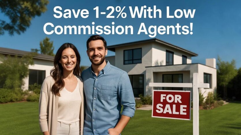 Smiling couple standing in front of a modern house with a “FOR SALE” sign and text that reads “Save 1–2% With Low Commission Agents.”