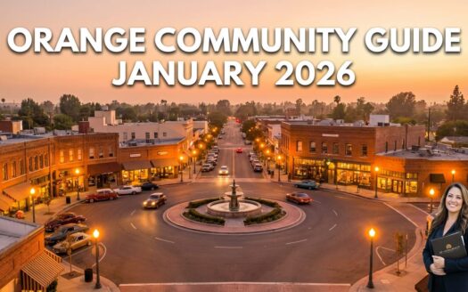 Orange community guide January 2026 featuring aerial view of Old Towne Orange Plaza circle with historic brick buildings, fountain, and palm trees at sunset