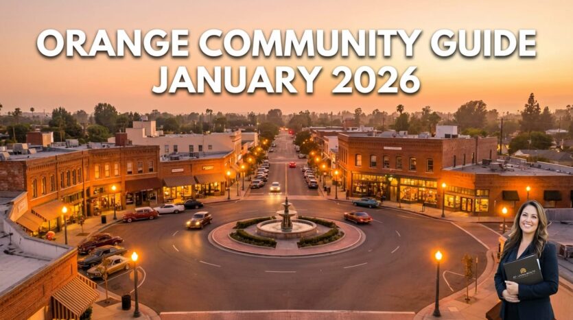 Orange community guide January 2026 featuring aerial view of Old Towne Orange Plaza circle with historic brick buildings, fountain, and palm trees at sunset