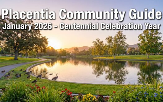 Placentia community guide January 2026 featuring Tri-City Park lake with walking paths, mature trees, and waterfowl in North Orange County California