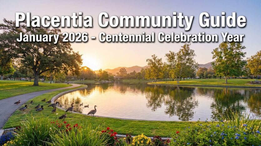Placentia community guide January 2026 featuring Tri-City Park lake with walking paths, mature trees, and waterfowl in North Orange County California