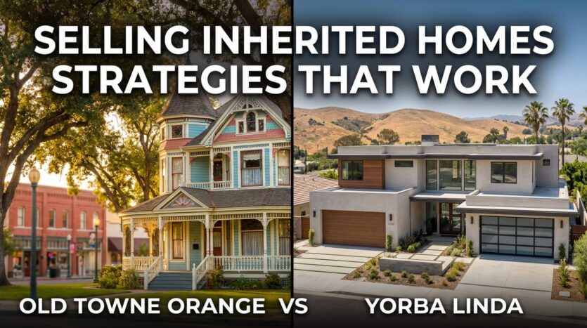 Split image comparing a Victorian home in Old Towne Orange and a modern Yorba Linda house with the text “Selling Inherited Homes: Strategies That Work.”