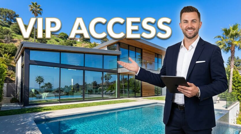 Private luxury home tour in Orange County with real estate agent presenting modern hillside estate with pool