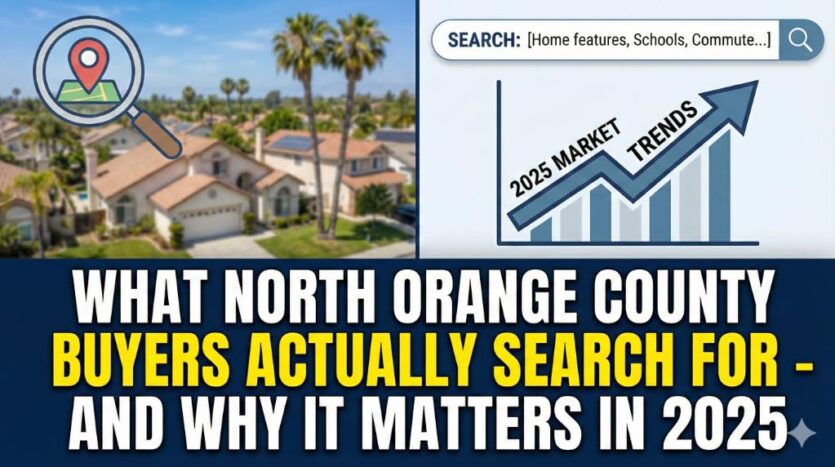 North Orange County homes with terra cotta roofs and palm trees alongside a 2025 market trends chart and search bar showing home features, schools, and commute searches