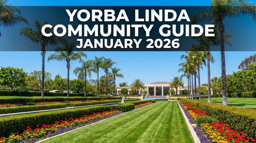 Yorba Linda community guide January 2026 featuring Richard Nixon Presidential Library gardens with palm trees and blue sky