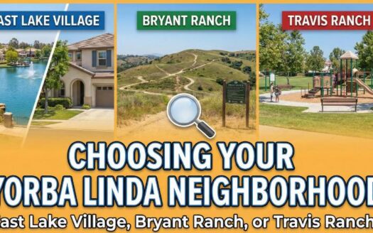 Thumbnail graphic comparing Yorba Linda neighborhoods—East Lake Village lake and homes, Bryant Ranch hills/trails, and Travis Ranch playground.