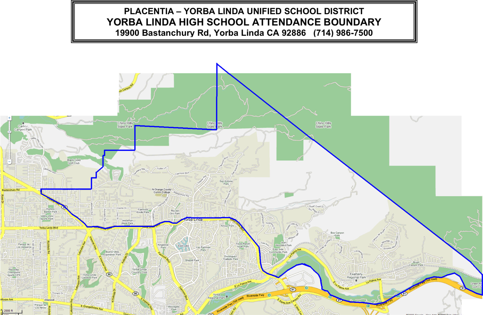 Official Placentia-Yorba Linda Unified School District attendance boundary map for Yorba Linda High School