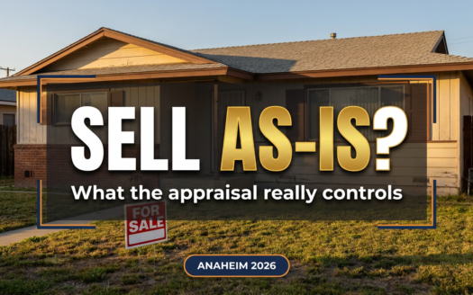 Sell your Anaheim home as-is: bold thumbnail over a golden-hour photo of an as-is Anaheim ranch home with a For Sale sign