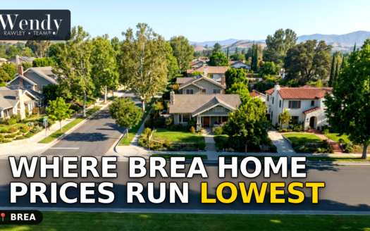 Aerial view of a tree-lined Brea, California residential street, illustrating where Brea home prices run lowest by housing type